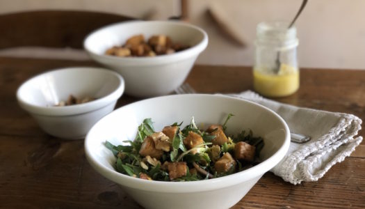 DANDELION, TEMPEH AND WALNUTS SALAD